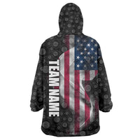 American Flag Bowling Ball and Pins Graphic Wearable Blanket Hoodie with Black Patterned Background and Custom Team Name Design - Wonder Print Shop