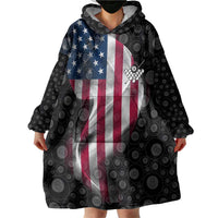 American Flag Bowling Ball and Pins Graphic Wearable Blanket Hoodie with Black Patterned Background and Custom Team Name Design - Wonder Print Shop