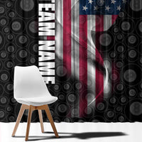 American Flag Bowling Ball and Pins Graphic Window Curtain with Black Patterned Background and Custom Team Name Design - Wonder Print Shop