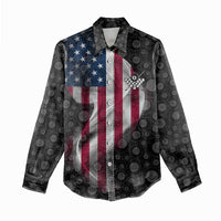 American Flag Bowling Ball and Pins Graphic Women Casual Shirt with Black Patterned Background and Custom Team Name Design - Wonder Print Shop