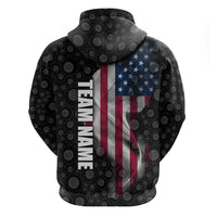 American Flag Bowling Ball and Pins Graphic Zip Hoodie with Black Patterned Background and Custom Team Name Design - Wonder Print Shop