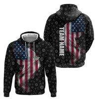 American Flag Bowling Ball and Pins Graphic Zip Hoodie with Black Patterned Background and Custom Team Name Design - Wonder Print Shop
