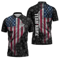 American Flag Bowling Ball and Pins Graphic Zipper Polo Shirt with Black Patterned Background and Custom Team Name Design - Wonder Print Shop