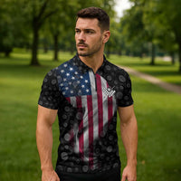 American Flag Bowling Ball and Pins Graphic Zipper Polo Shirt with Black Patterned Background and Custom Team Name Design - Wonder Print Shop
