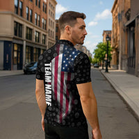 American Flag Bowling Ball and Pins Graphic Zipper Polo Shirt with Black Patterned Background and Custom Team Name Design - Wonder Print Shop
