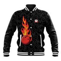 Flaming Bowling Ball Baseball Jacket with Strike Explosion and Funny Quote Graphic on Bowling - Wonder Print Shop