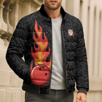 Flaming Bowling Ball Bomber Puffer Jacket with Strike Explosion and Funny Quote Graphic on Bowling - Wonder Print Shop
