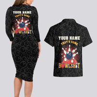 Flaming Bowling Ball Couples Matching Long Sleeve Bodycon Dress and Hawaiian Shirt with Strike Explosion and Funny Quote Graphic on Bowling - Wonder Print Shop