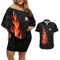 Flaming Bowling Ball Couples Matching Off Shoulder Short Dress and Hawaiian Shirt with Strike Explosion and Funny Quote Graphic on Bowling - Wonder Print Shop
