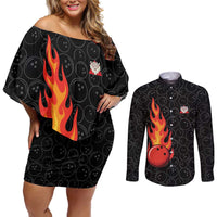 Flaming Bowling Ball Couples Matching Off Shoulder Short Dress and Long Sleeve Button Shirt with Strike Explosion and Funny Quote Graphic on Bowling - Wonder Print Shop
