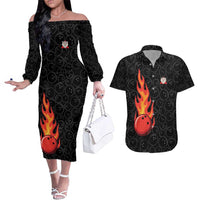 Flaming Bowling Ball Couples Matching Off The Shoulder Long Sleeve Dress and Hawaiian Shirt with Strike Explosion and Funny Quote Graphic on Bowling - Wonder Print Shop