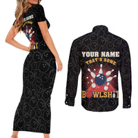 Flaming Bowling Ball Couples Matching Short Sleeve Bodycon Dress and Long Sleeve Button Shirt with Strike Explosion and Funny Quote Graphic on Bowling - Wonder Print Shop