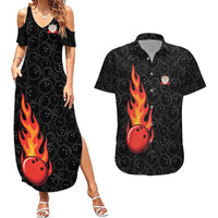 Flaming Bowling Ball Couples Matching Summer Maxi Dress and Hawaiian Shirt with Strike Explosion and Funny Quote Graphic on Bowling - Wonder Print Shop