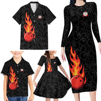 Flaming Bowling Ball Family Matching Long Sleeve Bodycon Dress and Hawaiian Shirt with Strike Explosion and Funny Quote Graphic on Bowling - Wonder Print Shop