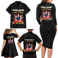 Flaming Bowling Ball Family Matching Long Sleeve Bodycon Dress and Hawaiian Shirt with Strike Explosion and Funny Quote Graphic on Bowling - Wonder Print Shop