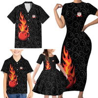 Flaming Bowling Ball Family Matching Short Sleeve Bodycon Dress and Hawaiian Shirt with Strike Explosion and Funny Quote Graphic on Bowling - Wonder Print Shop