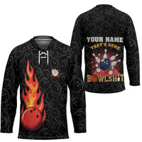 Flaming Bowling Ball Hockey Jersey with Strike Explosion and Funny Quote Graphic on Bowling - Wonder Print Shop