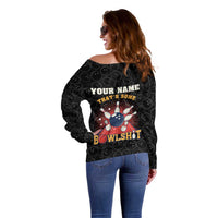 Flaming Bowling Ball Off Shoulder Sweater with Strike Explosion and Funny Quote Graphic on Bowling - Wonder Print Shop