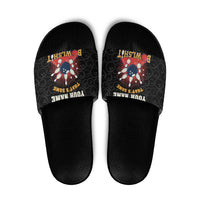 Flaming Bowling Ball Slide Sandals with Strike Explosion and Funny Quote Graphic on Bowling - Wonder Print Shop