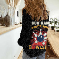 Flaming Bowling Ball Women Casual Shirt with Strike Explosion and Funny Quote Graphic on Bowling - Wonder Print Shop
