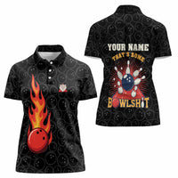 Flaming Bowling Ball Women Polo Shirt with Strike Explosion and Funny Quote Graphic on Bowling - Wonder Print Shop