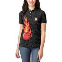 Flaming Bowling Ball Women Polo Shirt with Strike Explosion and Funny Quote Graphic on Bowling - Wonder Print Shop