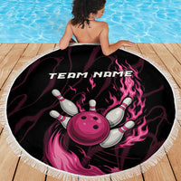 Pink Flaming Bowling Ball and Pins Beach Blanket with Lightning Effect Graphic Design - Wonder Print Shop