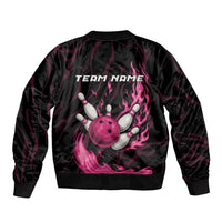 Pink Flaming Bowling Ball and Pins Bomber Jacket with Lightning Effect Graphic Design - Wonder Print Shop