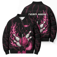 Pink Flaming Bowling Ball and Pins Bomber Puffer Jacket with Lightning Effect Graphic Design - Wonder Print Shop
