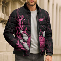 Pink Flaming Bowling Ball and Pins Bomber Puffer Jacket with Lightning Effect Graphic Design - Wonder Print Shop