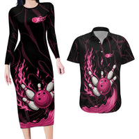 Pink Flaming Bowling Ball and Pins Couples Matching Long Sleeve Bodycon Dress and Hawaiian Shirt with Lightning Effect Graphic Design - Wonder Print Shop