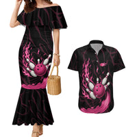 Pink Flaming Bowling Ball and Pins Couples Matching Mermaid Dress and Hawaiian Shirt with Lightning Effect Graphic Design - Wonder Print Shop