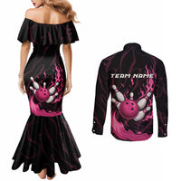 Pink Flaming Bowling Ball and Pins Couples Matching Mermaid Dress and Long Sleeve Button Shirt with Lightning Effect Graphic Design - Wonder Print Shop