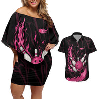Pink Flaming Bowling Ball and Pins Couples Matching Off Shoulder Short Dress and Hawaiian Shirt with Lightning Effect Graphic Design - Wonder Print Shop