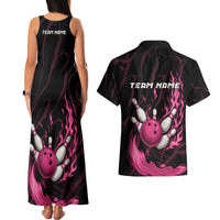 Pink Flaming Bowling Ball and Pins Couples Matching Tank Maxi Dress and Hawaiian Shirt with Lightning Effect Graphic Design - Wonder Print Shop