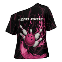 Pink Flaming Bowling Ball and Pins Cross Shoulder Shirt with Lightning Effect Graphic Design - Wonder Print Shop