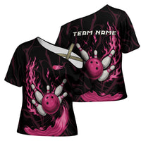 Pink Flaming Bowling Ball and Pins Cross Shoulder Shirt with Lightning Effect Graphic Design - Wonder Print Shop