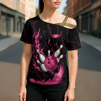 Pink Flaming Bowling Ball and Pins Cross Shoulder Shirt with Lightning Effect Graphic Design - Wonder Print Shop