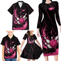 Pink Flaming Bowling Ball and Pins Family Matching Long Sleeve Bodycon Dress and Hawaiian Shirt with Lightning Effect Graphic Design - Wonder Print Shop