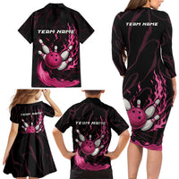 Pink Flaming Bowling Ball and Pins Family Matching Long Sleeve Bodycon Dress and Hawaiian Shirt with Lightning Effect Graphic Design - Wonder Print Shop