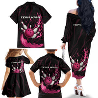 Pink Flaming Bowling Ball and Pins Family Matching Off The Shoulder Long Sleeve Dress and Hawaiian Shirt with Lightning Effect Graphic Design - Wonder Print Shop
