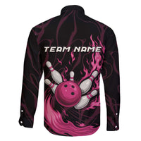 Pink Flaming Bowling Ball and Pins Family Matching Off The Shoulder Long Sleeve Dress and Hawaiian Shirt with Lightning Effect Graphic Design - Wonder Print Shop
