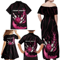 Pink Flaming Bowling Ball and Pins Family Matching Off Shoulder Maxi Dress and Hawaiian Shirt with Lightning Effect Graphic Design - Wonder Print Shop
