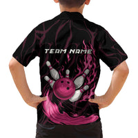 Pink Flaming Bowling Ball and Pins Family Matching Puletasi and Hawaiian Shirt with Lightning Effect Graphic Design - Wonder Print Shop