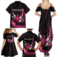 Pink Flaming Bowling Ball and Pins Family Matching Summer Maxi Dress and Hawaiian Shirt with Lightning Effect Graphic Design - Wonder Print Shop