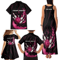 Pink Flaming Bowling Ball and Pins Family Matching Tank Maxi Dress and Hawaiian Shirt with Lightning Effect Graphic Design - Wonder Print Shop