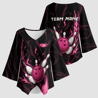 Pink Flaming Bowling Ball and Pins Kimono Sleeve Blouse with Lightning Effect Graphic Design - Wonder Print Shop