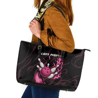 Pink Flaming Bowling Ball and Pins Leather Tote Bag with Lightning Effect Graphic Design - Wonder Print Shop