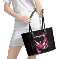 Pink Flaming Bowling Ball and Pins Leather Tote Bag with Lightning Effect Graphic Design - Wonder Print Shop