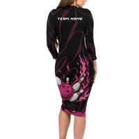 Pink Flaming Bowling Ball and Pins Long Sleeve Bodycon Dress with Lightning Effect Graphic Design - Wonder Print Shop